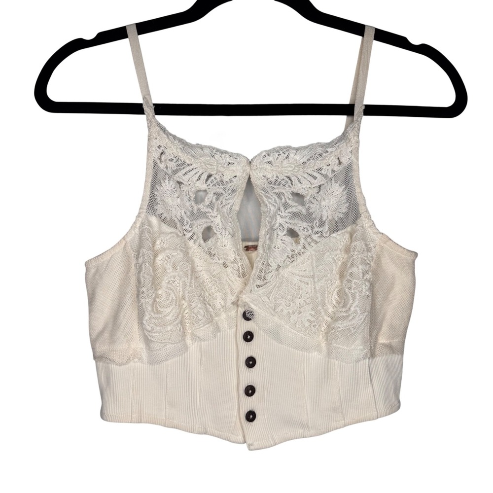 Free People Boho Cottagecore Ivory Lace Ribbed Knit Corset Crop Top Button Front